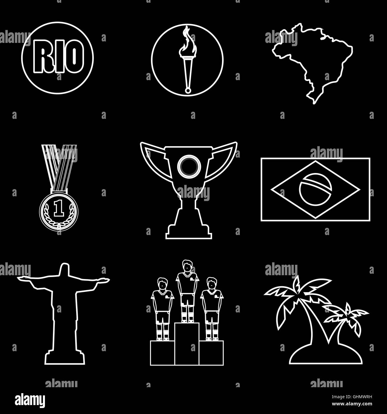 Rio, gold medal, burning torch and brazil flag icons set in outlines over black background. Digital vector image. Stock Photo