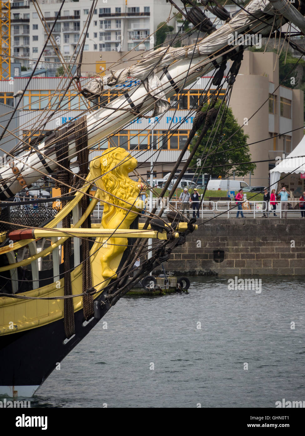 The yellow lion figurehead of the Hermione. Stock Photo
