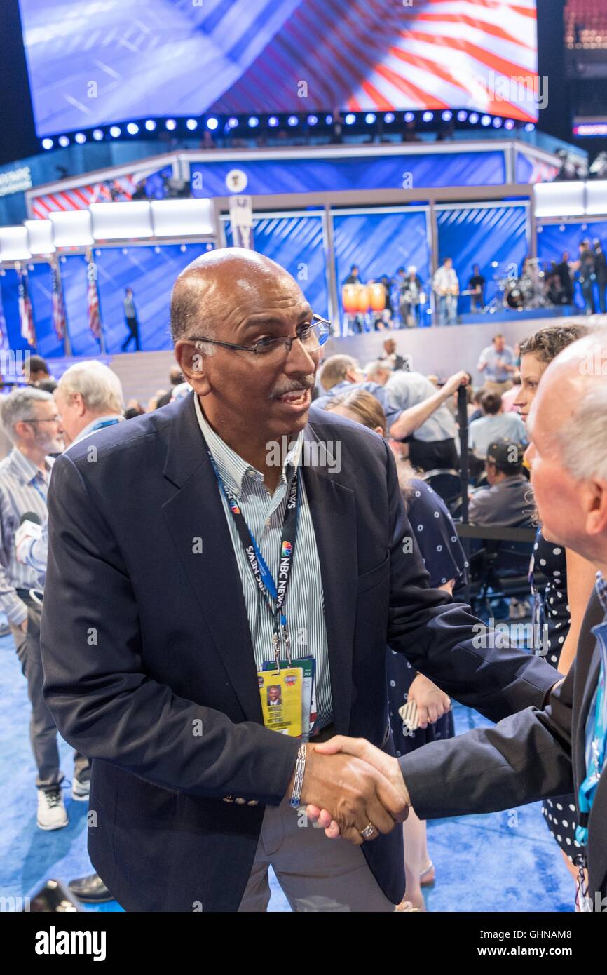 Former chairman of the Republican Party Michael Steele greets people on the delegate floor before the start of the final day of the Democratic National Convention at the Wells Fargo Center July 28, 2016 in Philadelphia, Pennsylvania. Stock Photo