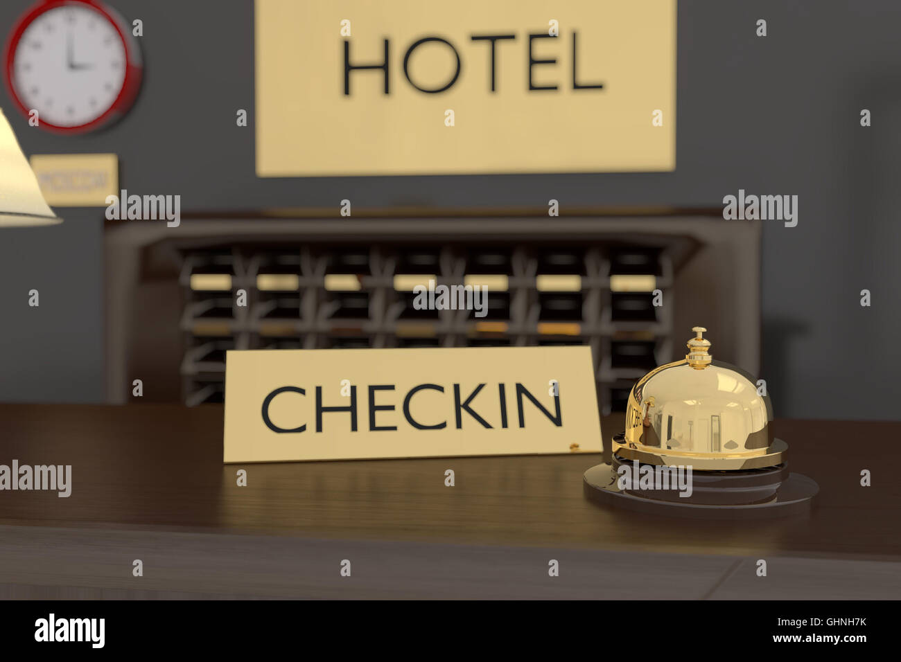 3D rendering of golden bell at hotel reception Stock Photo