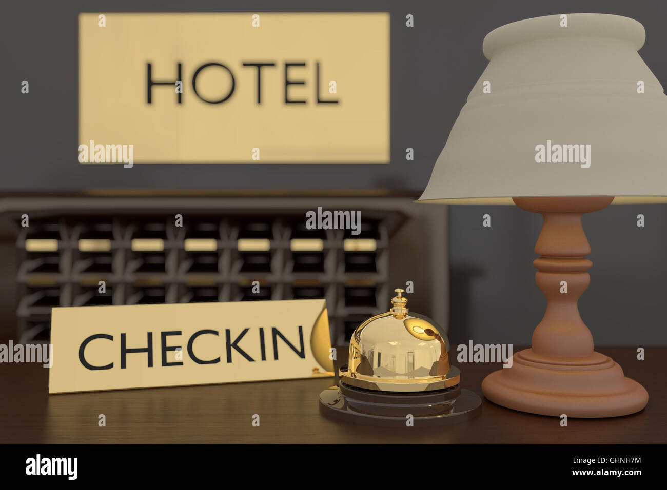3D rendering of golden bell at hotel reception Stock Photo