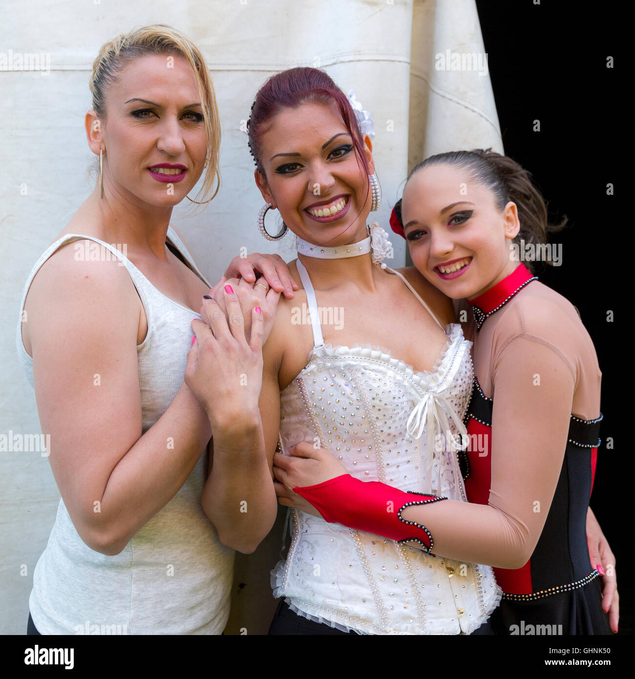 Three women Circus family performers. European (Spanish) in costume. Stock Photo