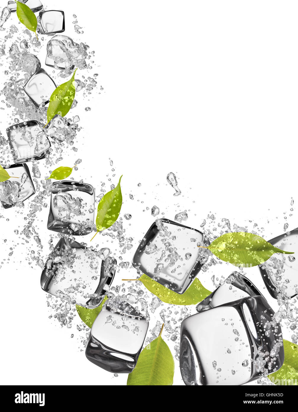ice cubes with water splashes and fresh leaves, isolated on white ...