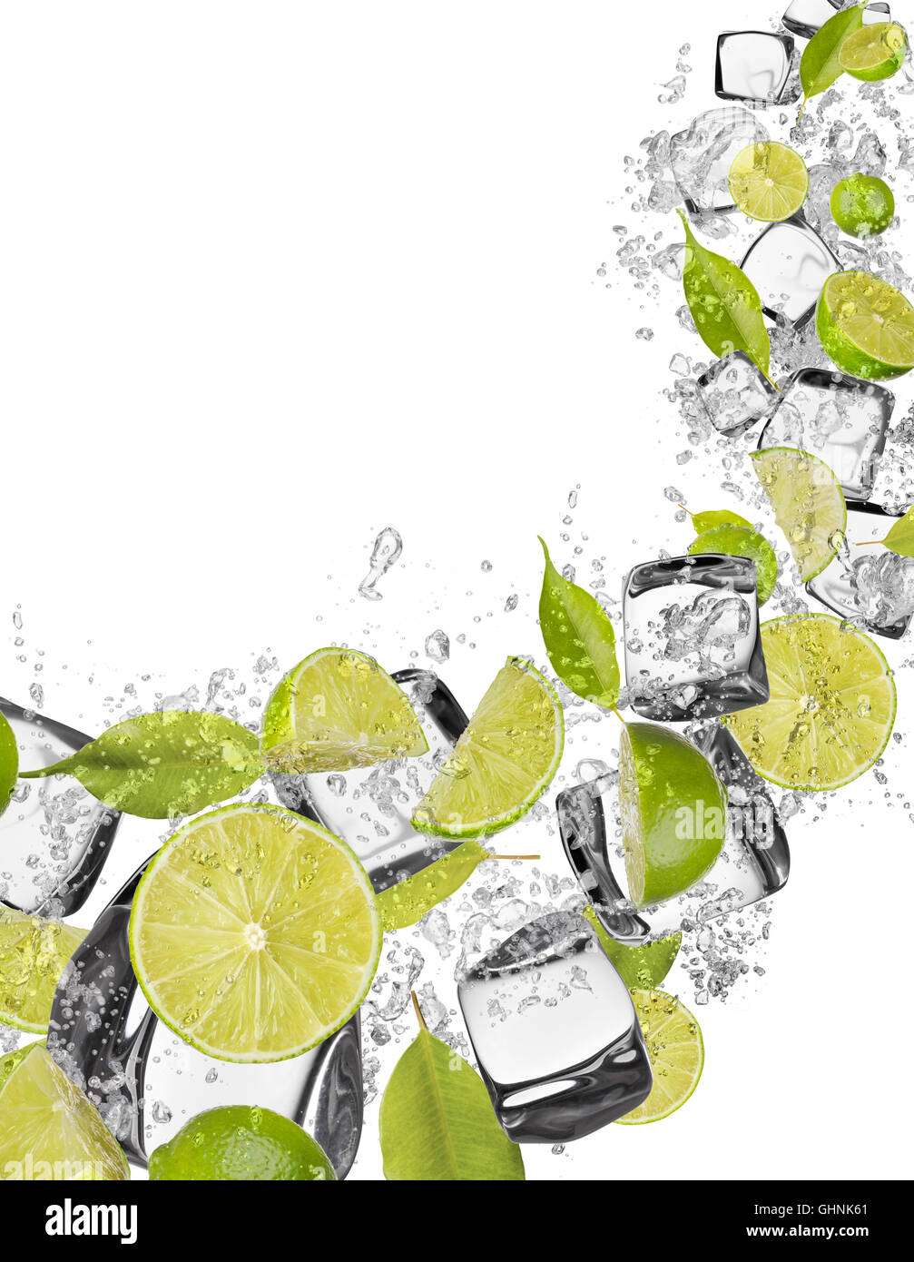 Pieces of limes in water splash and ice cubes, isolated on white background Stock Photo