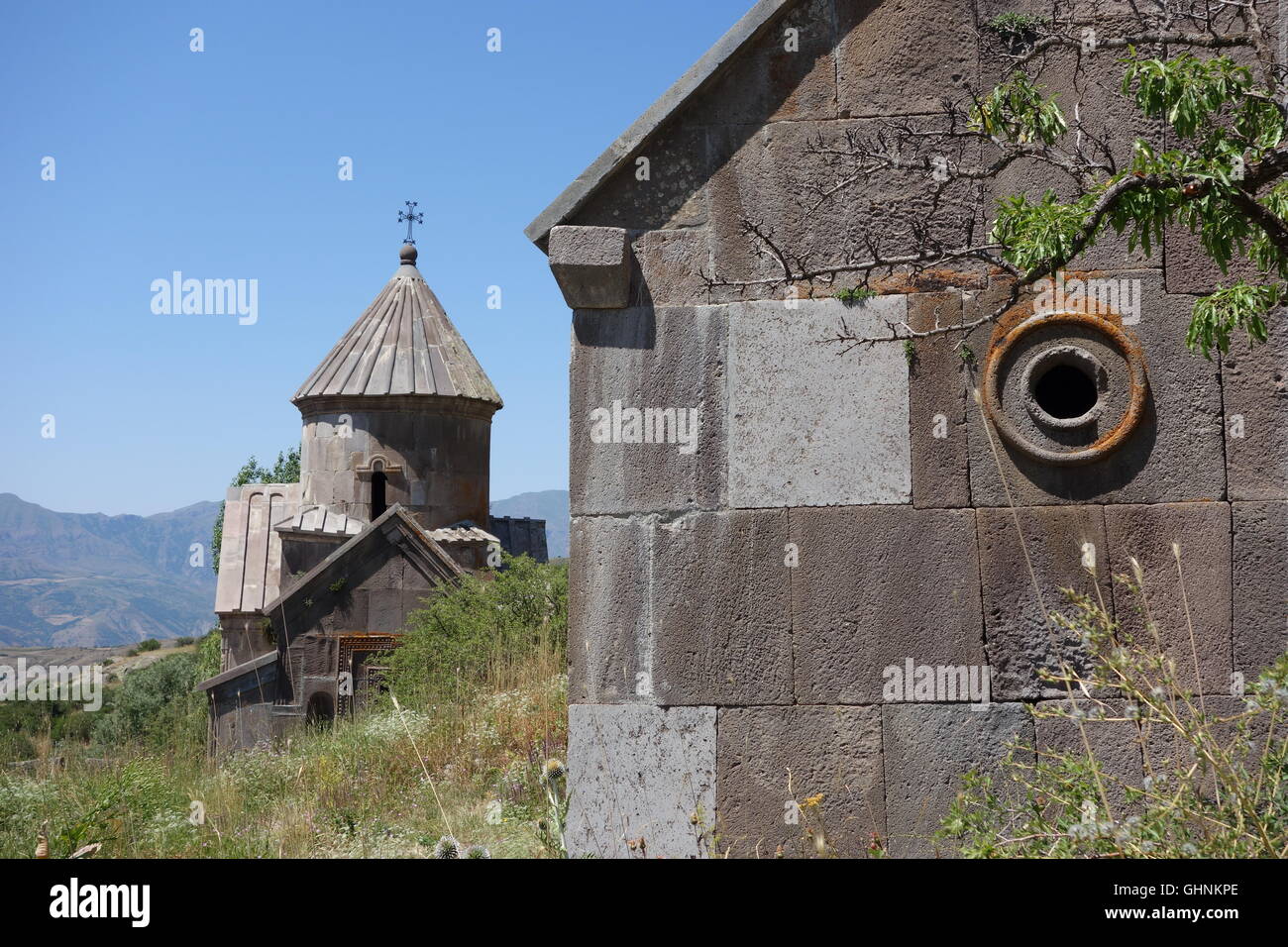Yeghegis Valley S Armenia church of Holy Cross in front of St john the Baptist Tsakhatskar monastery both 11th century C11th Stock Photo