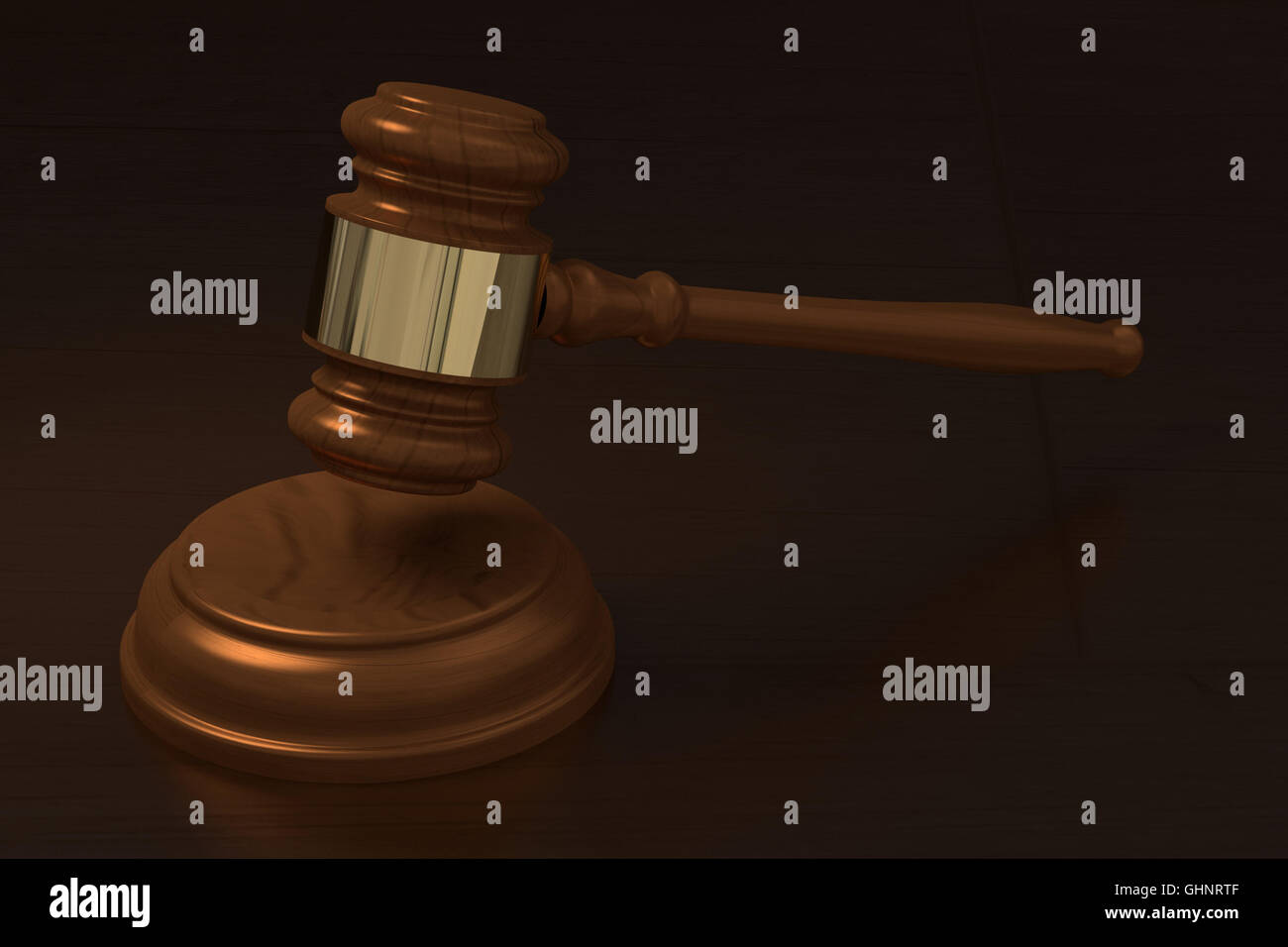 3D rendering of judge hammer on a wooden table Stock Photo