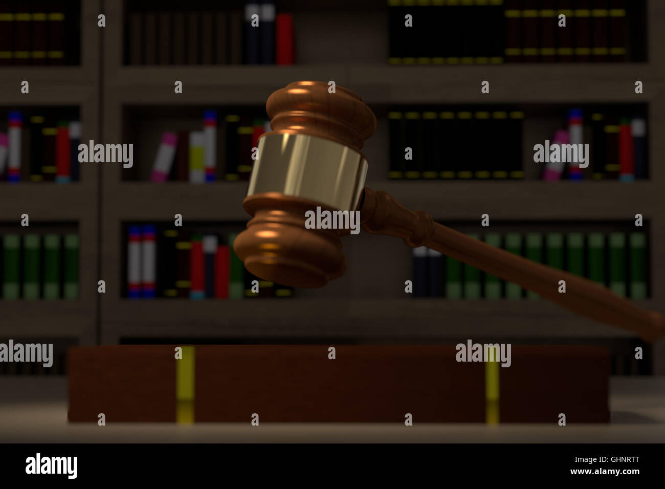 3D rendering of a judge hammer and books on a table Stock Photo