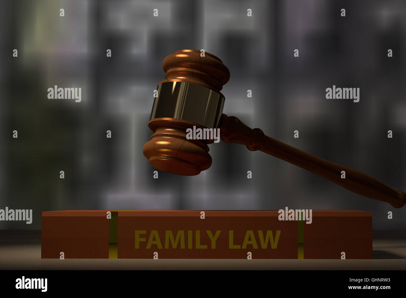 3D rendering of a judge hammer and a family law book on a table Stock Photo