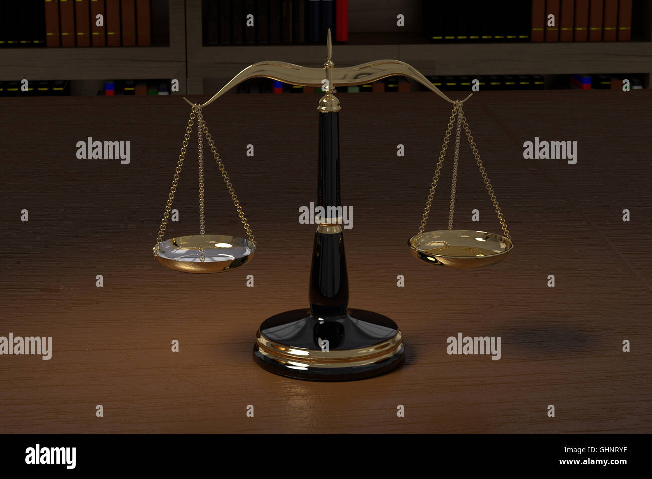 3D rendering of golden law scales in law office Stock Photo