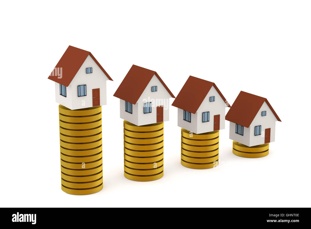 3D rendering of Mortgage concept: Houses on golden coin stacks Stock Photo