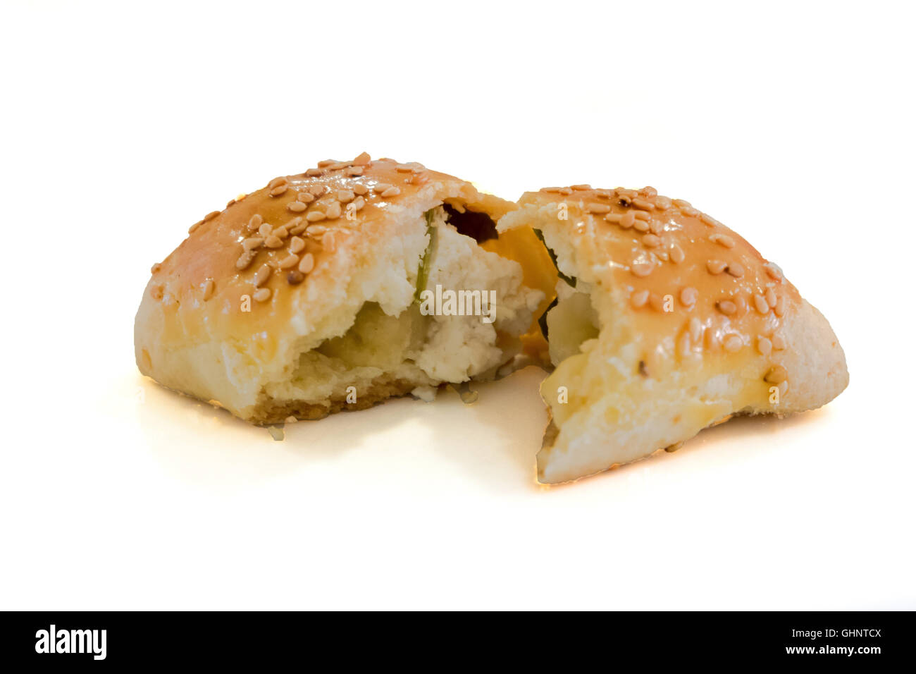 Turkish recipe: Mini bun pastry with cheese filling on white background Stock Photo