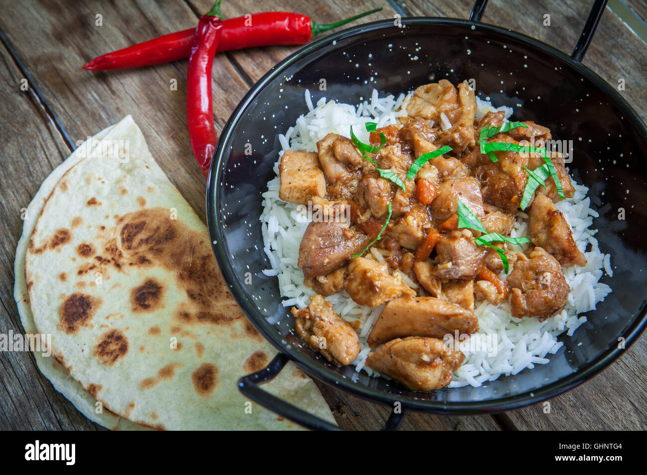 chicken curry with basmati rice on pot Stock Photo