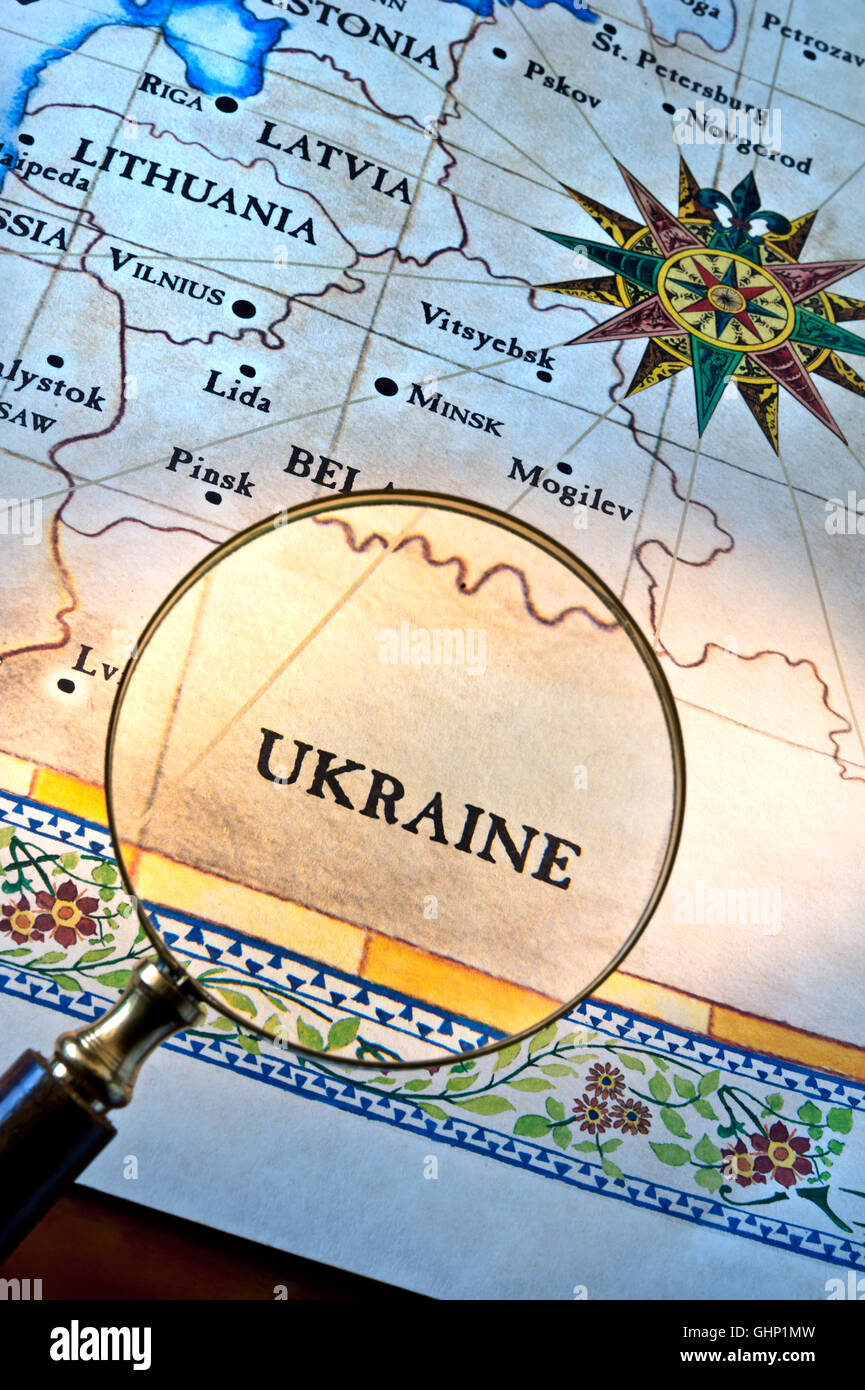 UKRAINE Old style map with magnifying glass over Ukraine featuring ...
