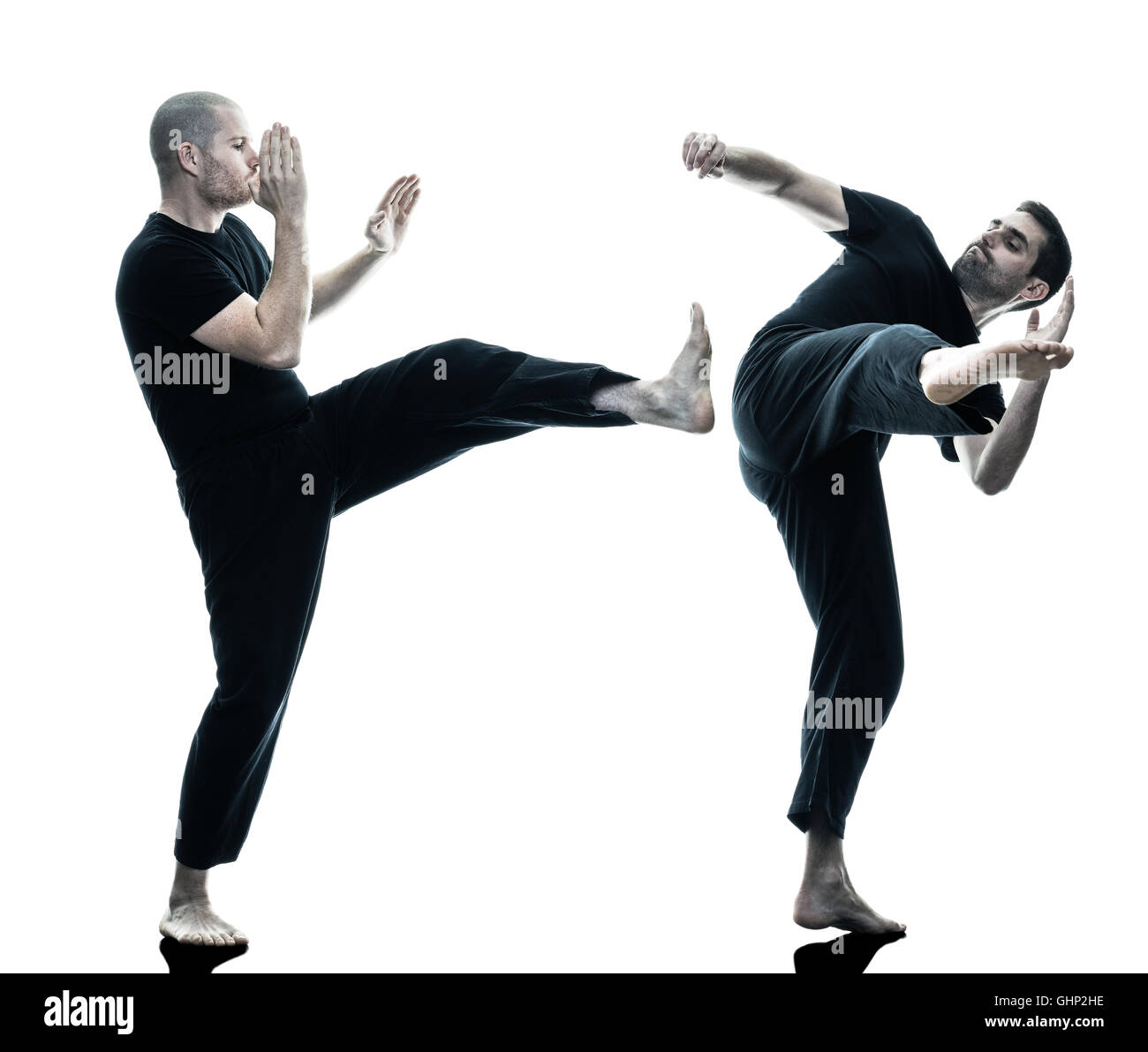 two caucasian men krav maga fighters fighting isolated silhouette on ...