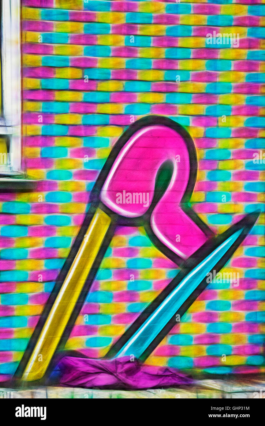 colourful mural graffiti of safety pin on wall with purple material on ground, Shoreditch, London UK with Fractalius filter applied - fractals fractal Stock Photo