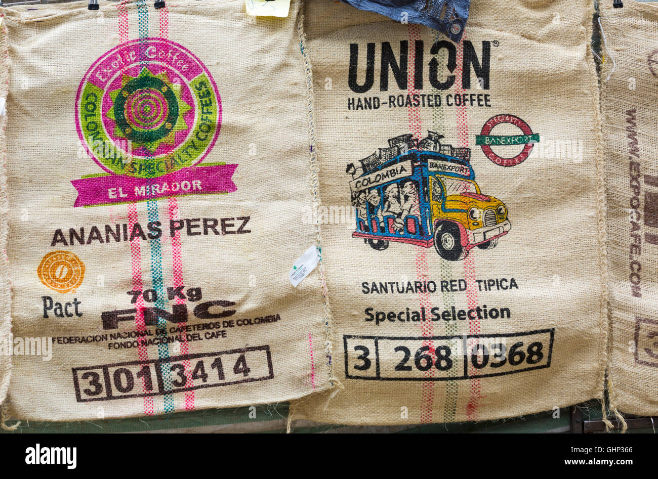 Close up of Coffee sacks for sale on market stall off Brick Lane, London in  July Stock Photo - Alamy