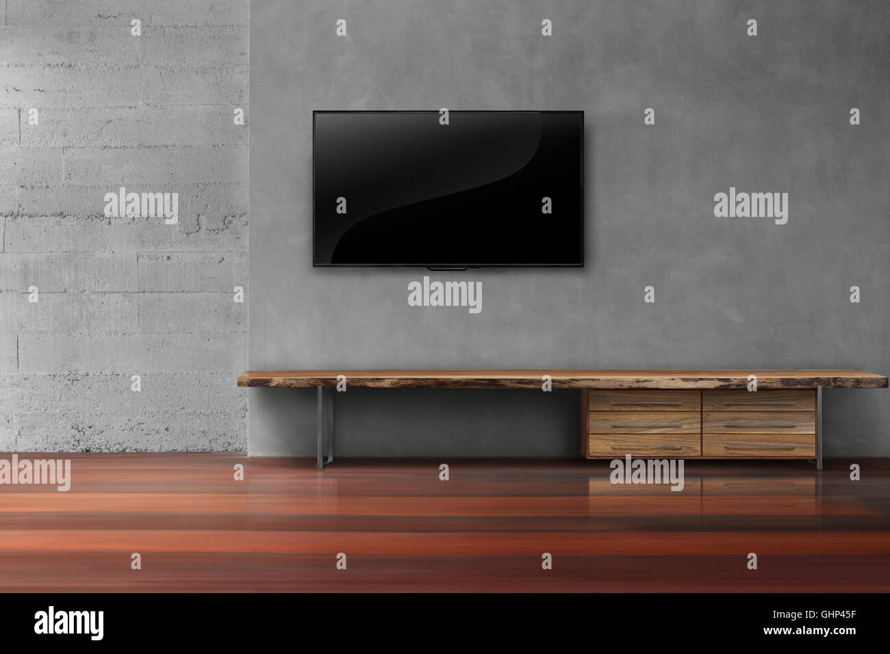 Led tv on concrete wall with wooden furniture in empty living room