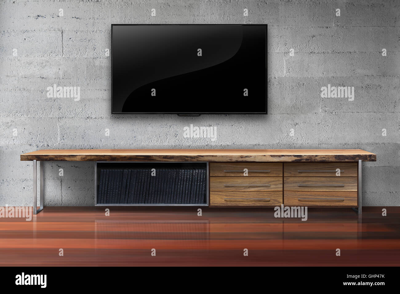 Led tv on concrete wall with wooden table living room modern loft