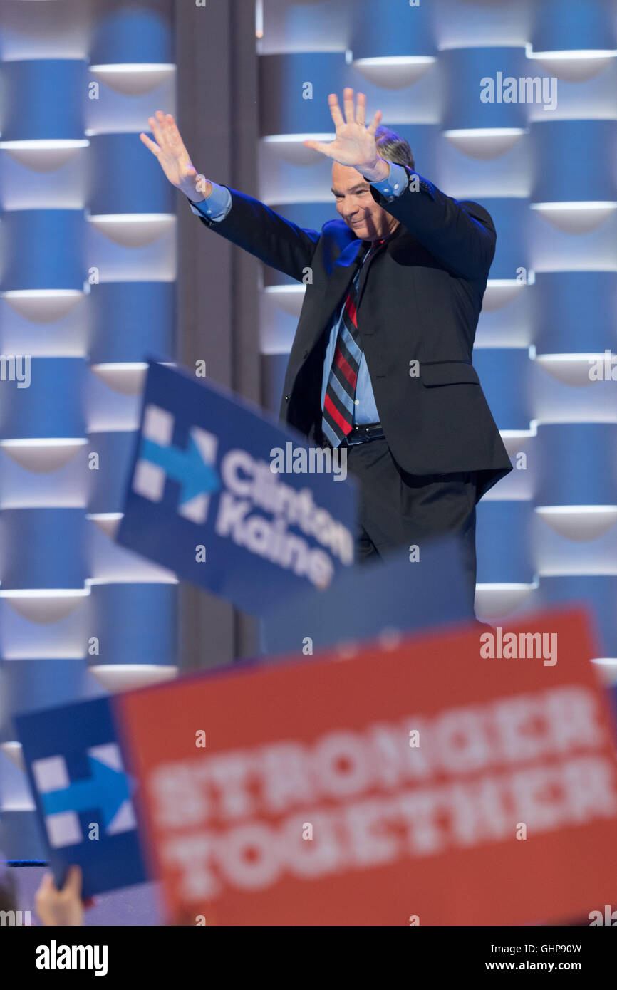 Senator Tim Kaine accepts his parties nomination for Vice  President on the third day of the Democratic National Convention at the Wells Fargo Center July 27, 2016 in Philadelphia, Pennsylvania. Stock Photo