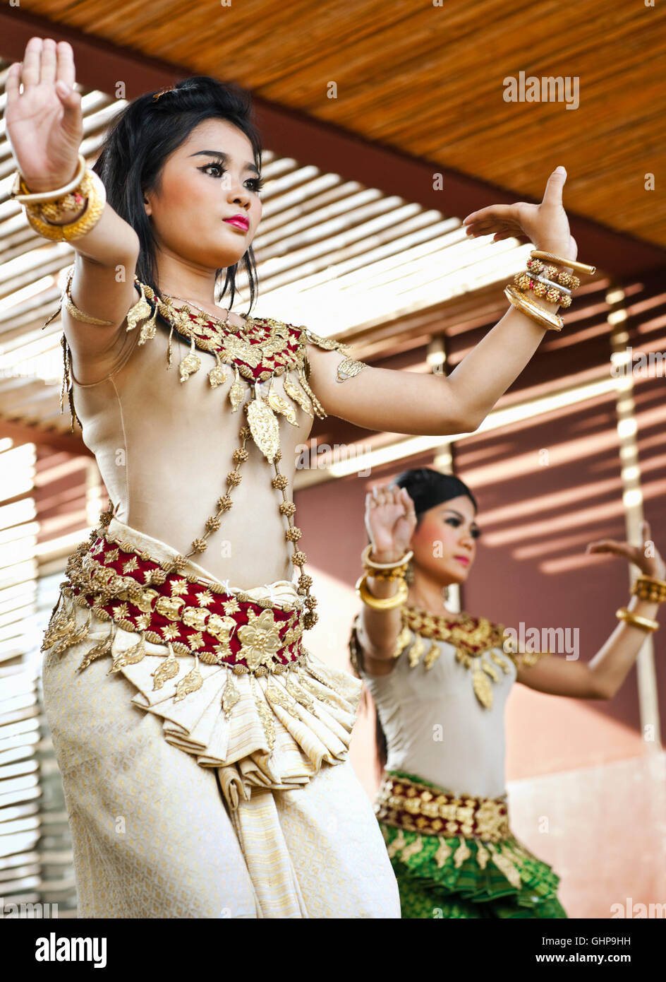 Students from Cambodian Living Arts perform classical and folk dance at an outdoor performance in Phnom Penh, Cambodia. Cambodia Stock Photo