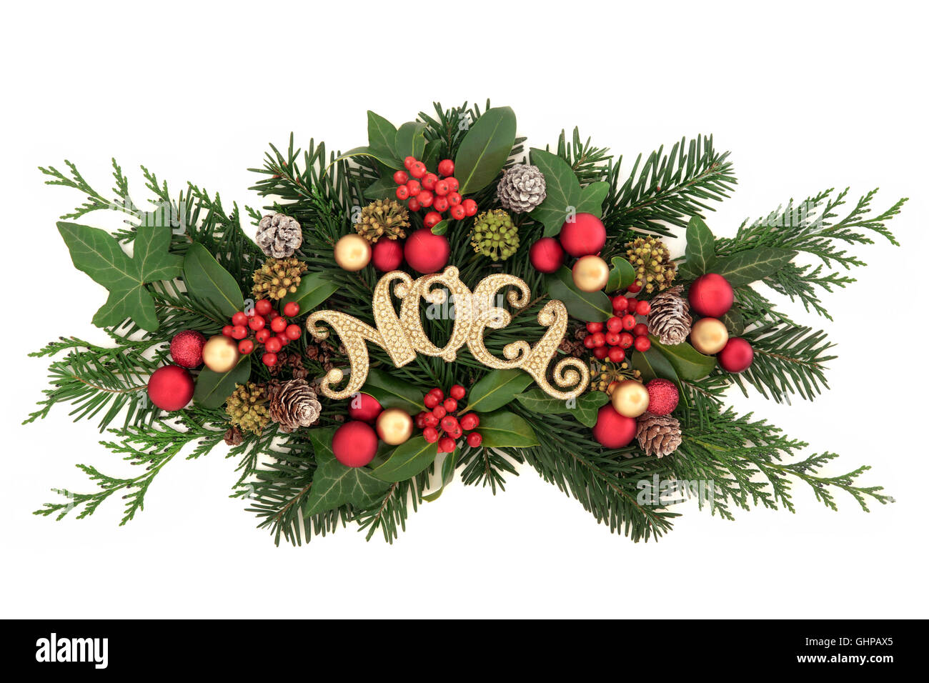 Christmas Decoration With Gold Noel Sign Bauble Decorations Holly