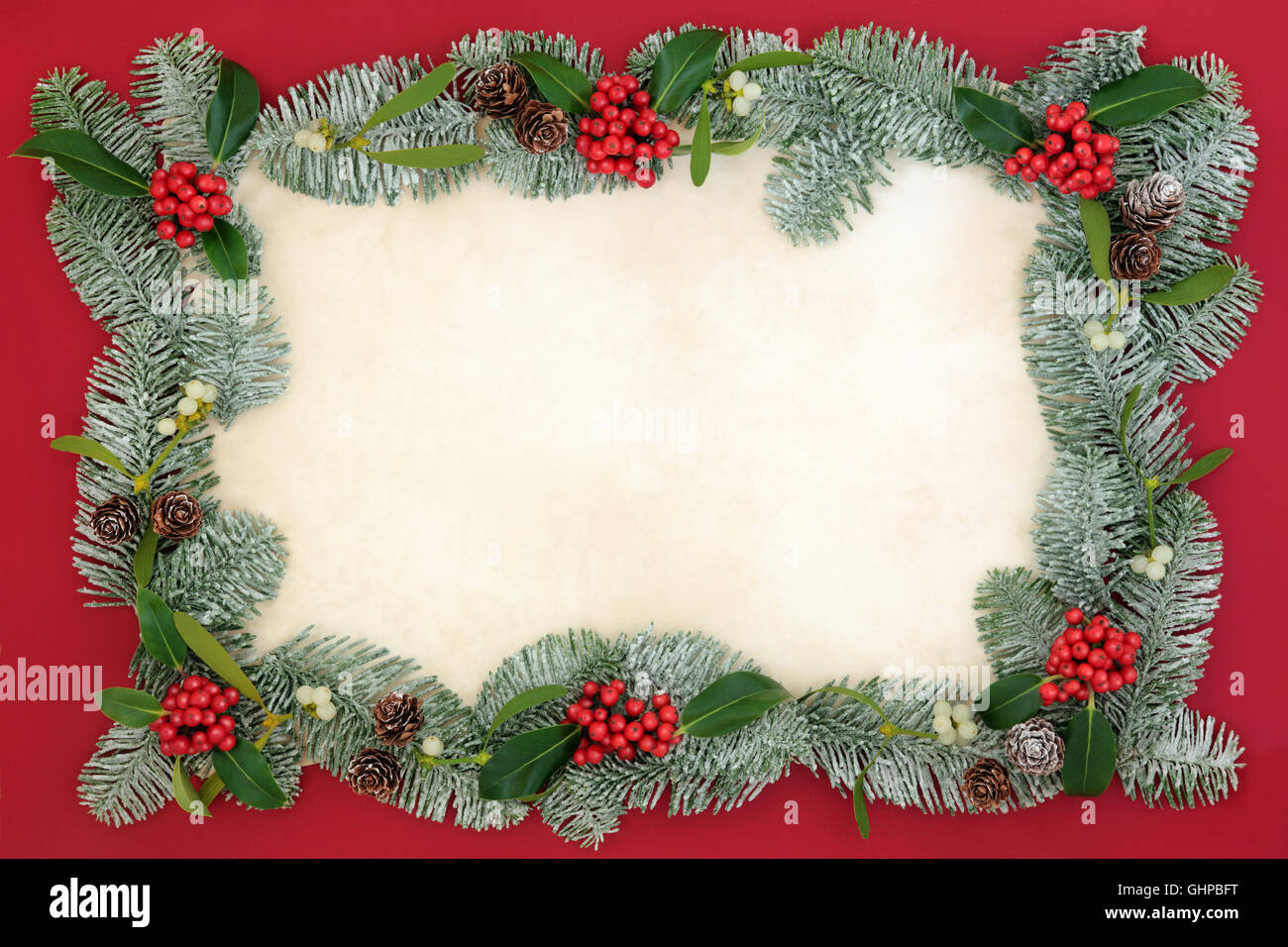 Christmas abstract background border with gold and red bauble decorations,  holly, mistletoe, snow covered cedar cypress and pine Stock Photo - Alamy