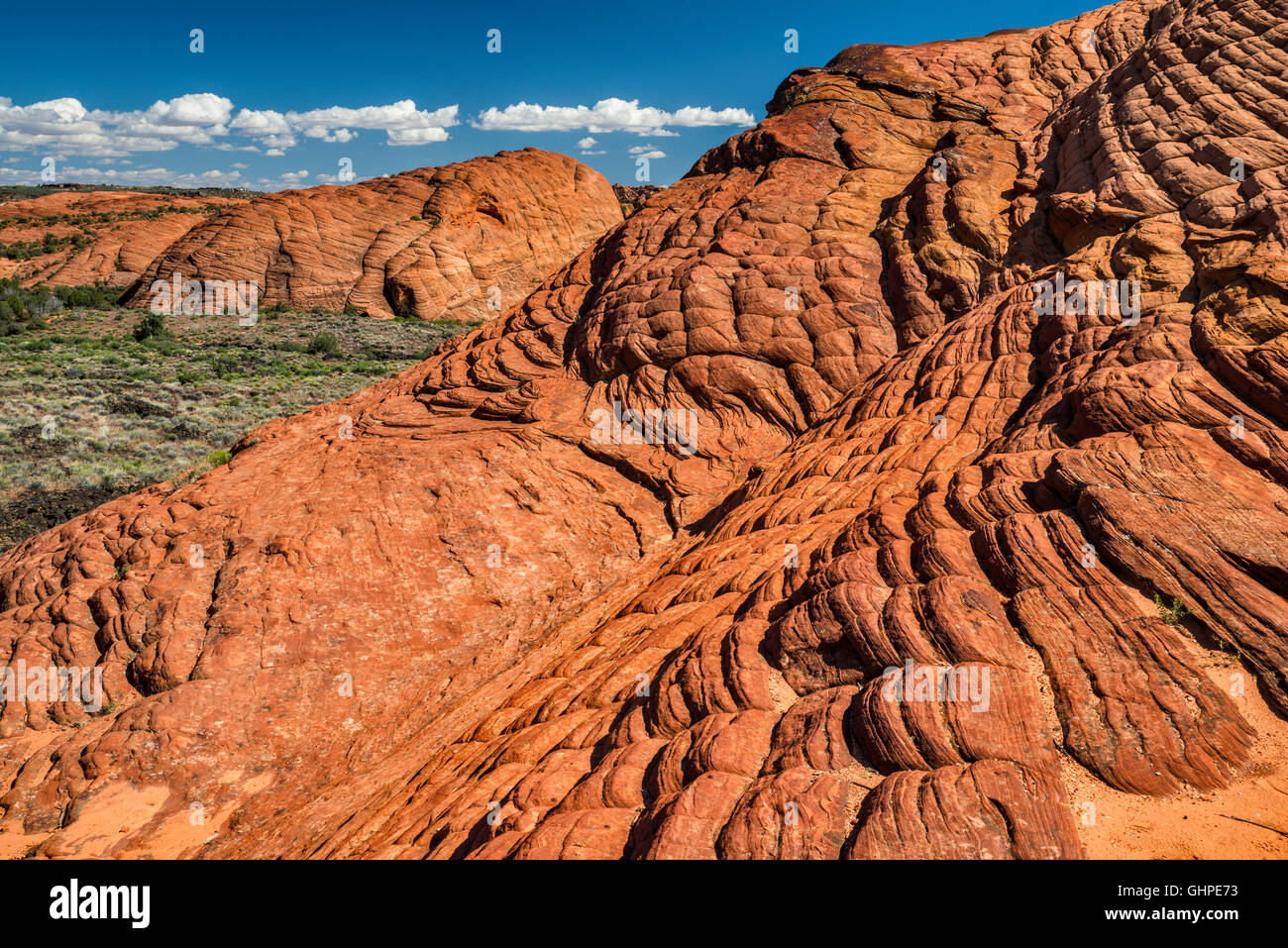 Crossbedding at Navajo Sandstone rock formations, from West Canyon Overlook at Snow Canyon State Park, Utah, USA Stock Photo