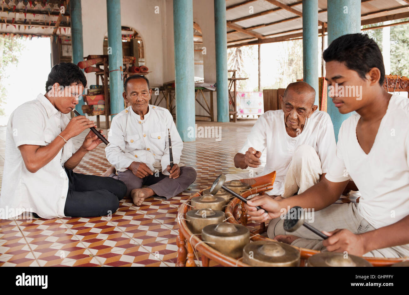 Master Ling Srei ( Srey) and his assistant  Um Chhoeum. teach a  Kantoam Ming  class at Wat Atwea, Siem Reap, Cambodia. Stock Photo