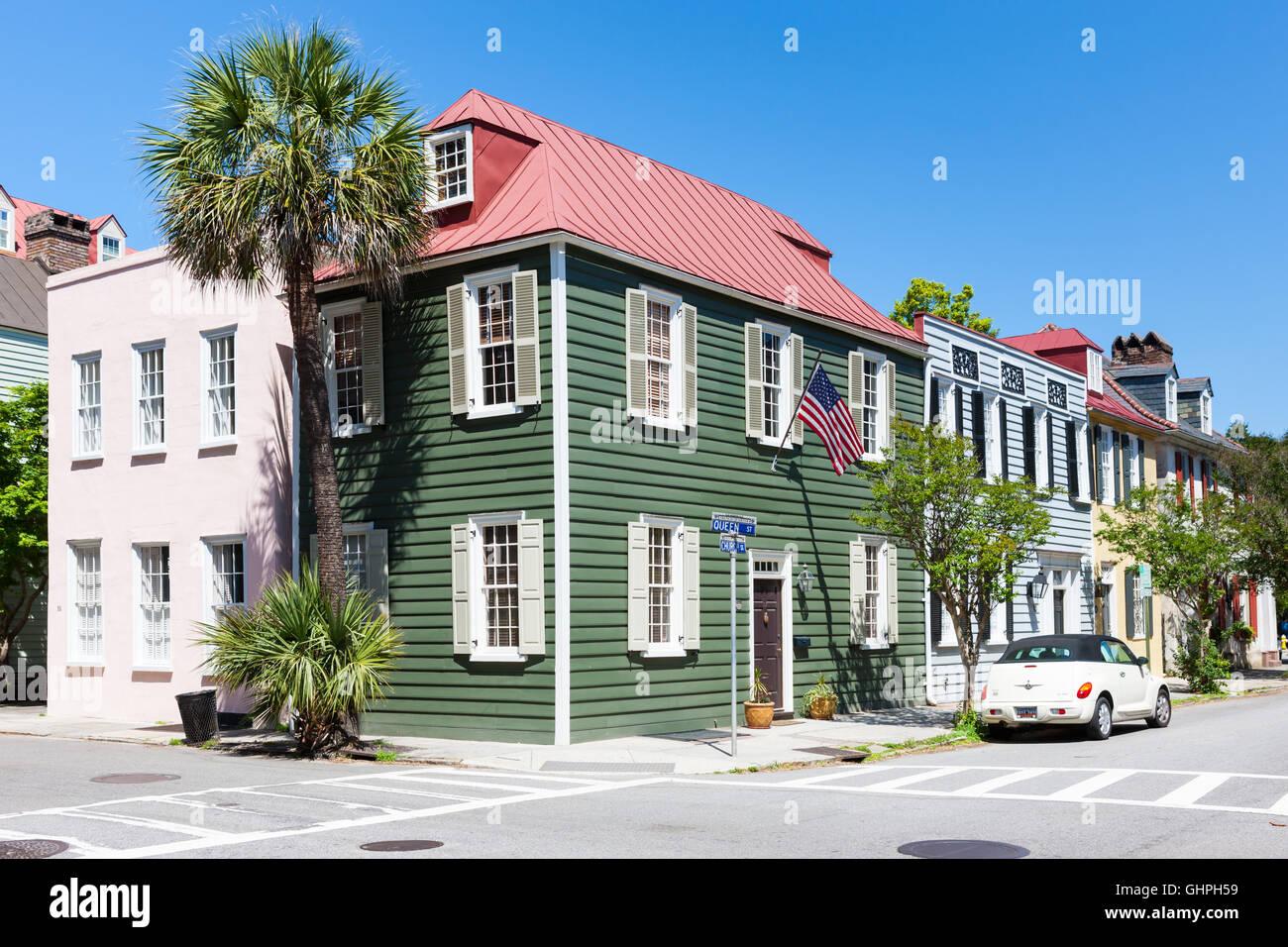 Historic antebellum residences on Church Street in the French Quarter District of Charleston, South Carolina. Stock Photo
