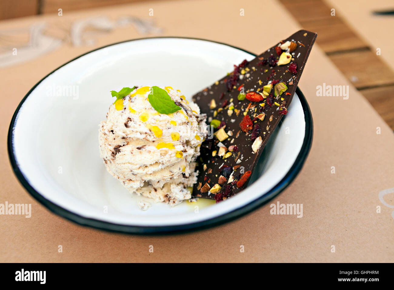 Close-up of dessert with ice cream ball Stock Photo