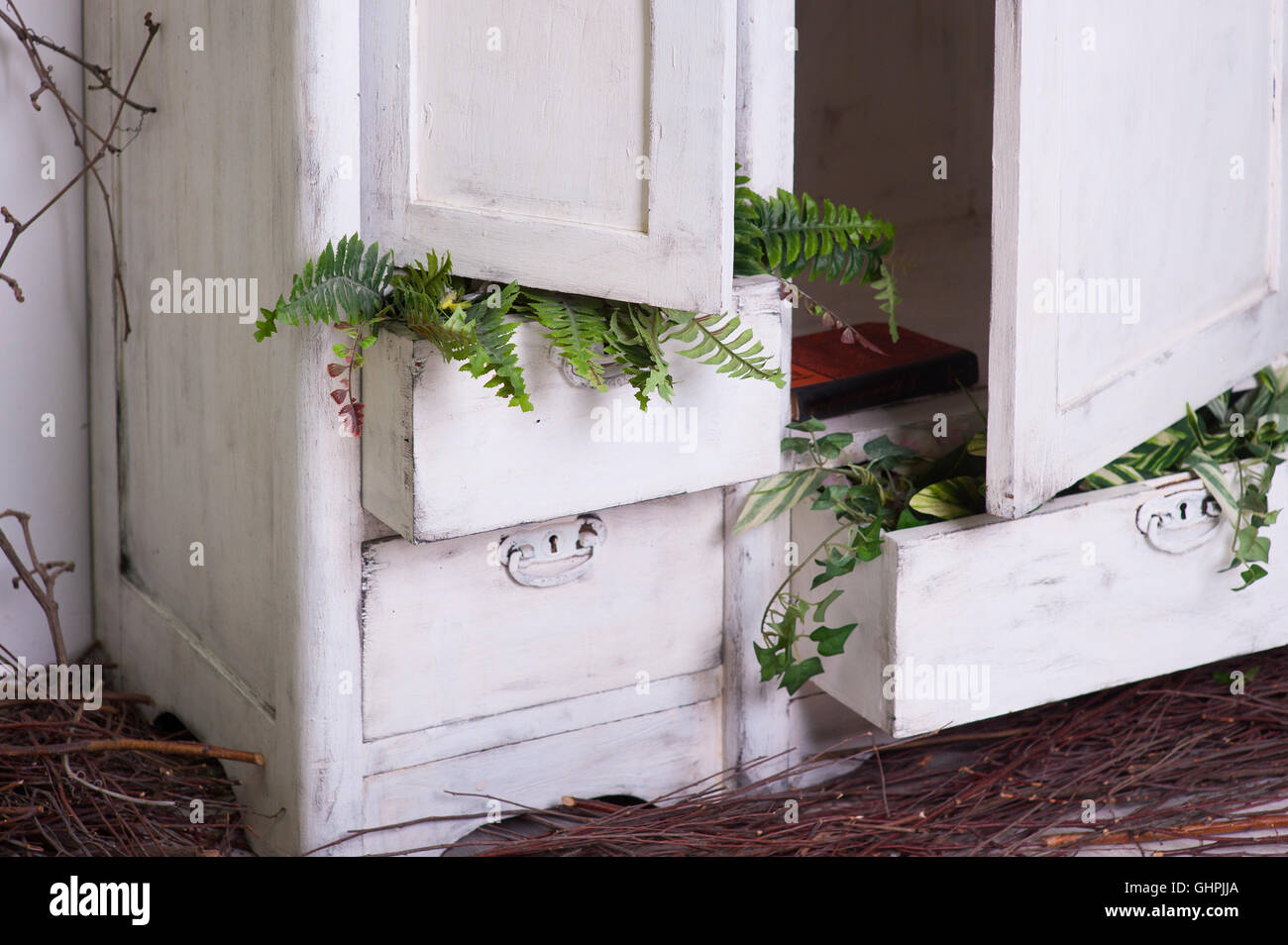 old decorated wooden white cupboard with plants Stock Photo