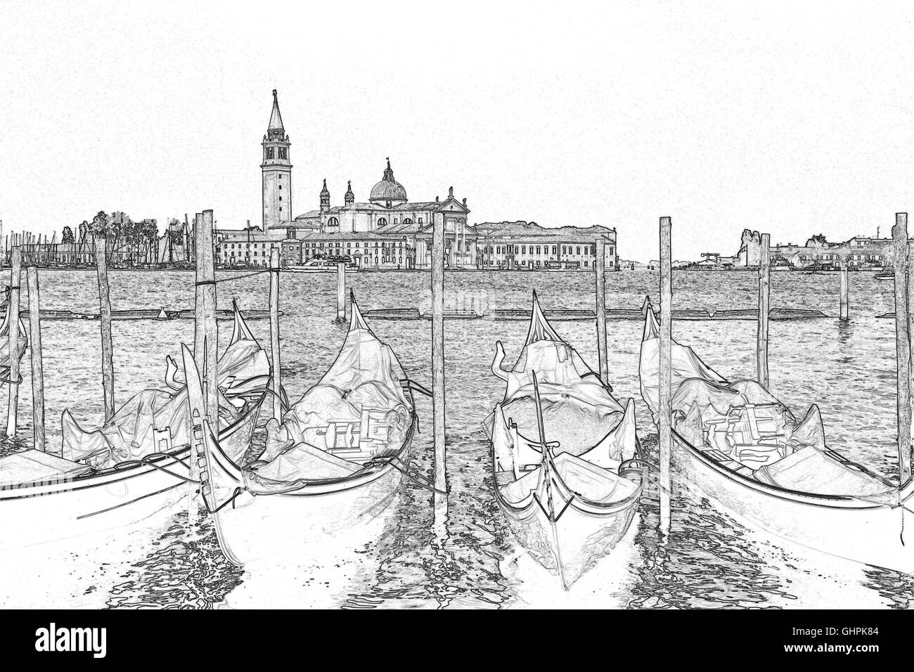 Gondolas moored on the Grand Canal, Venice, with the San Giorgio Maggiore Church in the background. Stock Photo