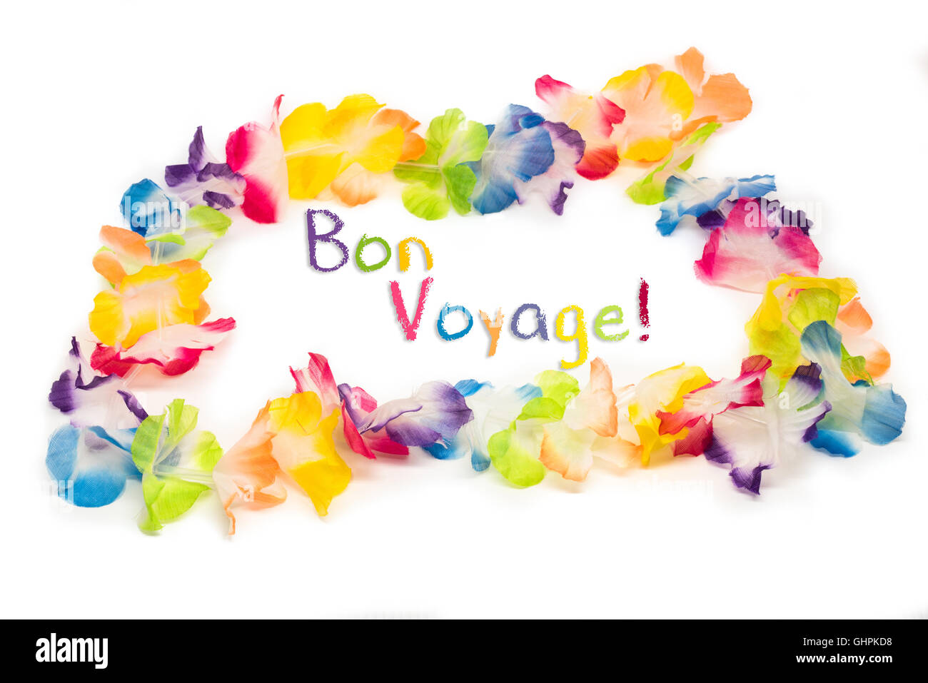 Colorful Hawaiian Flower Necklace with text Bon Vogage Stock Photo