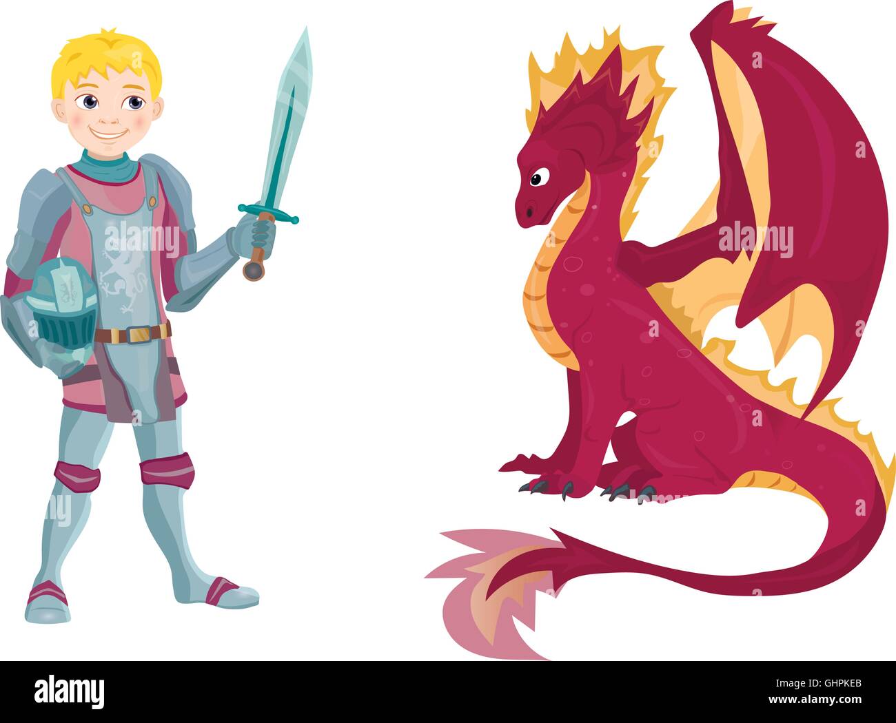 Cartoon knight with fierce dragon on white background Stock Vector ...