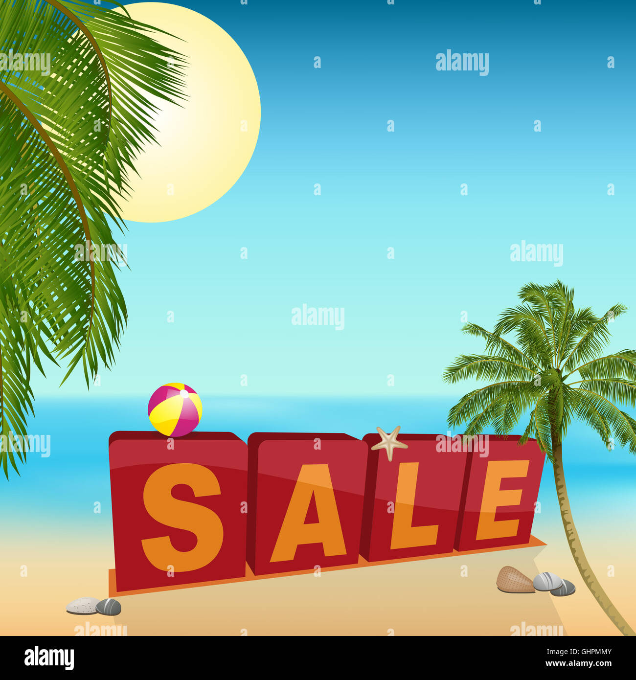 Summer Sale Sign Over Tropical Beach with Palm Trees Sand Starfish and ...