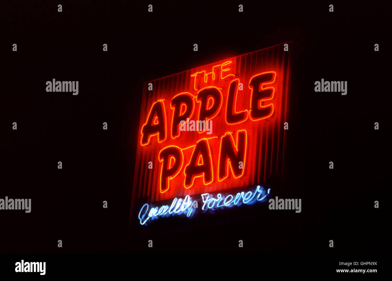 Apple Pan neon sign in lit up at night Stock Photo Alamy