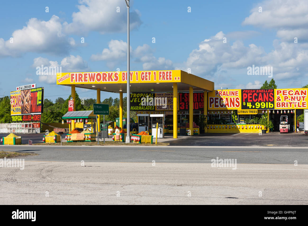 The colorful Pecan Outlet sells pecans, candies, and other sweets along with fireworks in St. Augustine, Florida. Stock Photo