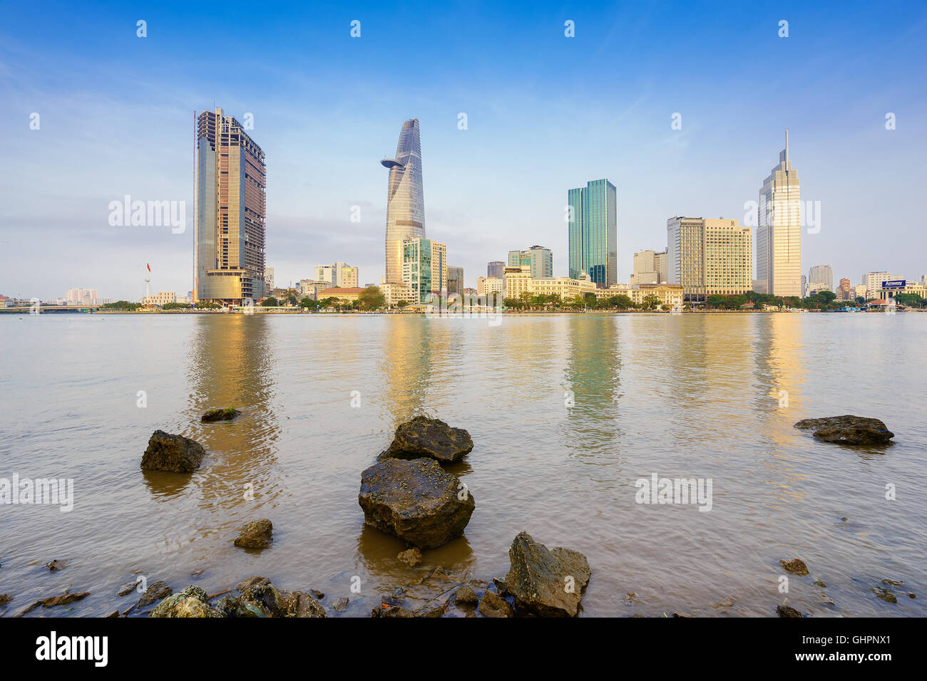 Ho Chi Minh city skyline and the Saigon river in early morning, Vietnam. Stock Photo