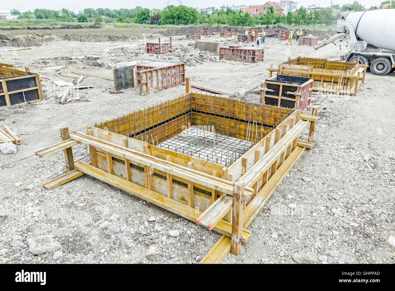 Wooden demountable big mold for concrete pouring is assembled complete