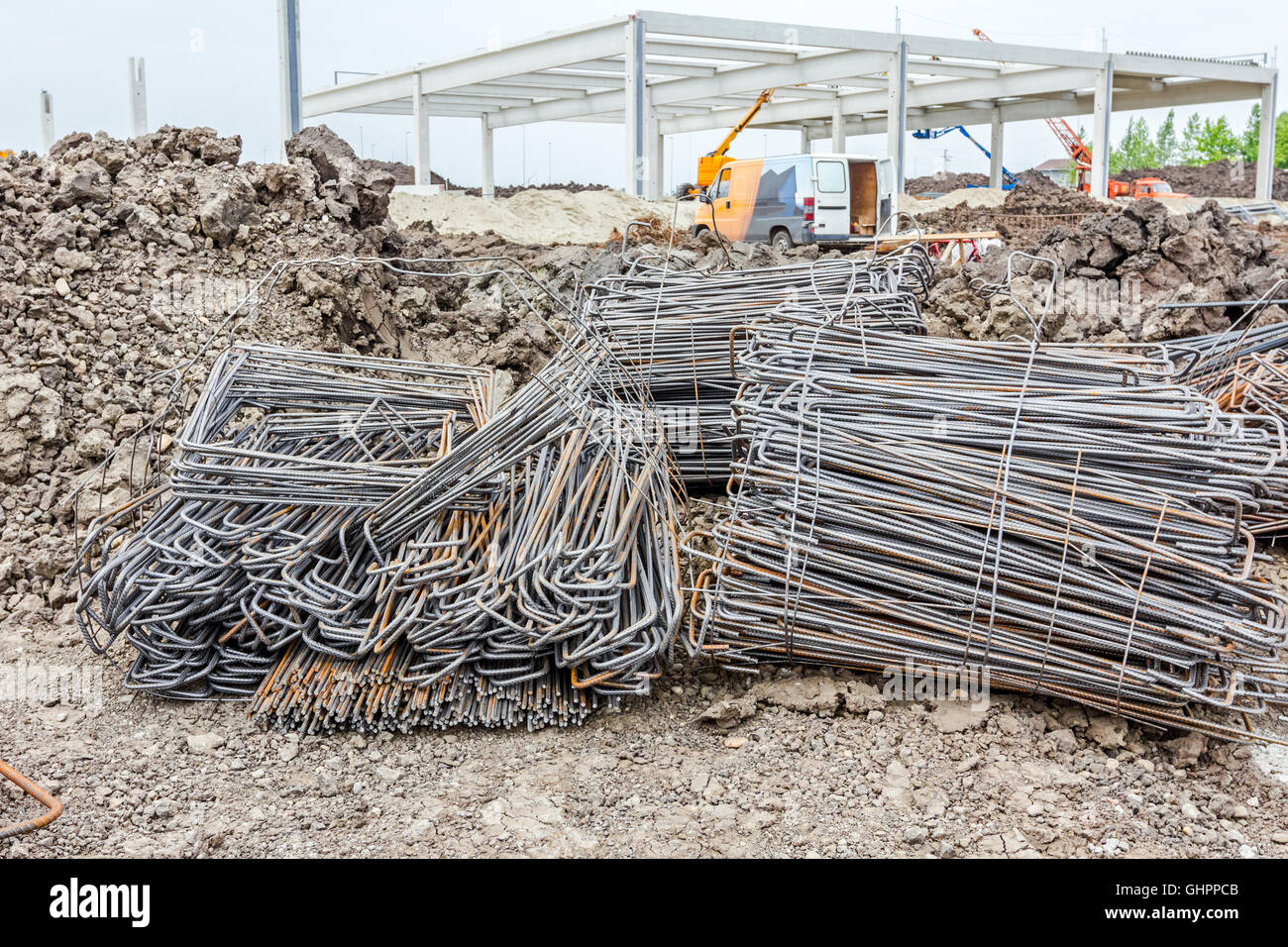 Steel bars stacked for construction, classified by the bending shape at