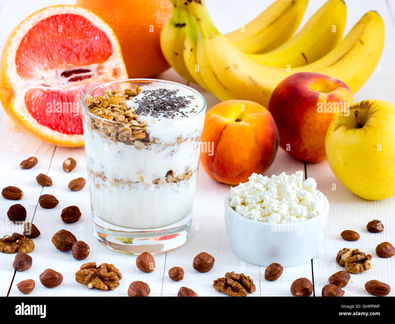cottage cheese, yogurt, fruits and nuts Stock Photo Alamy