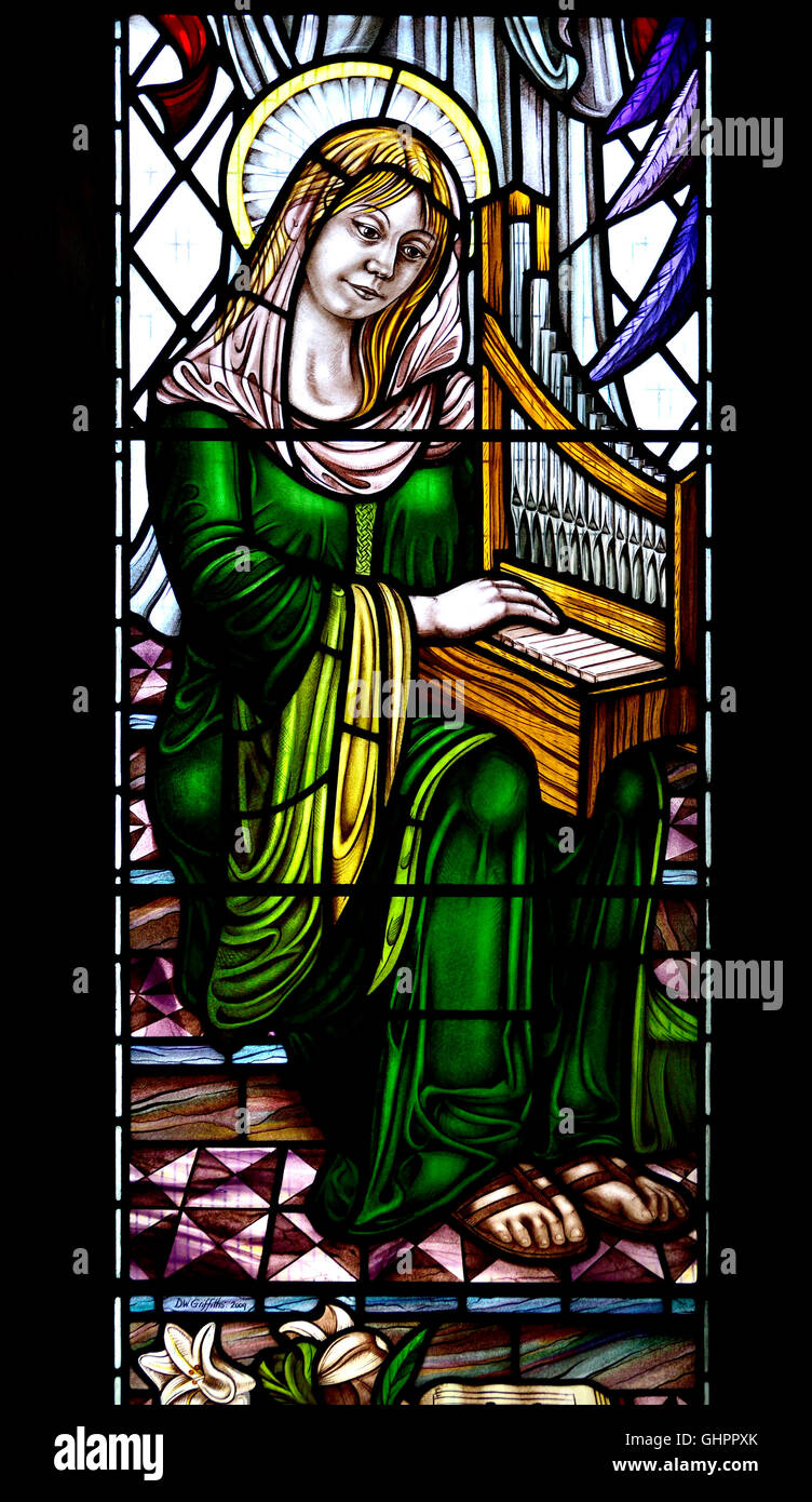 Canterbury, Kent, UK. Church of St Dunstan with Holy Cross. Stained glass window: St Cecilia (2009; D W Griffiths) Stock Photo