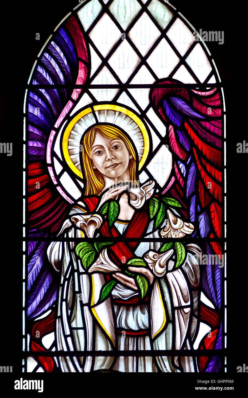 Canterbury, Kent, UK. Church of St Dunstan with Holy Cross. Stained glass window: St Cecilia (2009; D W Griffiths) Stock Photo