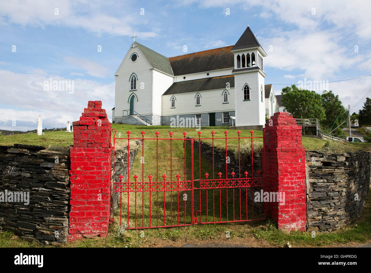 Gate leading to St George's Anglican Church at Brigus in Newfoundland and Labrador, Canada. The building held its frist service Stock Photo