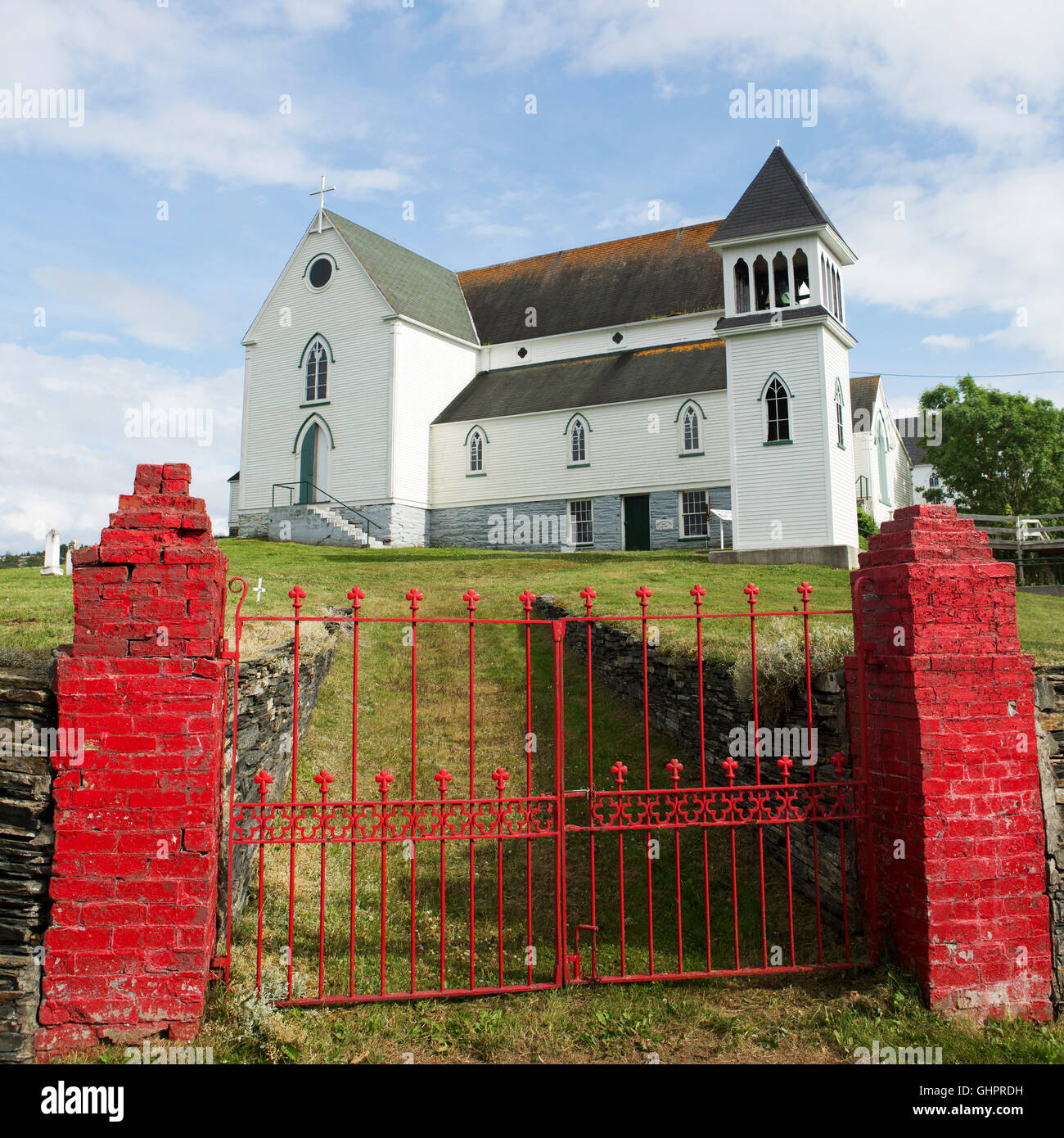 Gate leading to St George's Anglican Church at Brigus in Newfoundland and Labrador, Canada. The building held its frist service Stock Photo