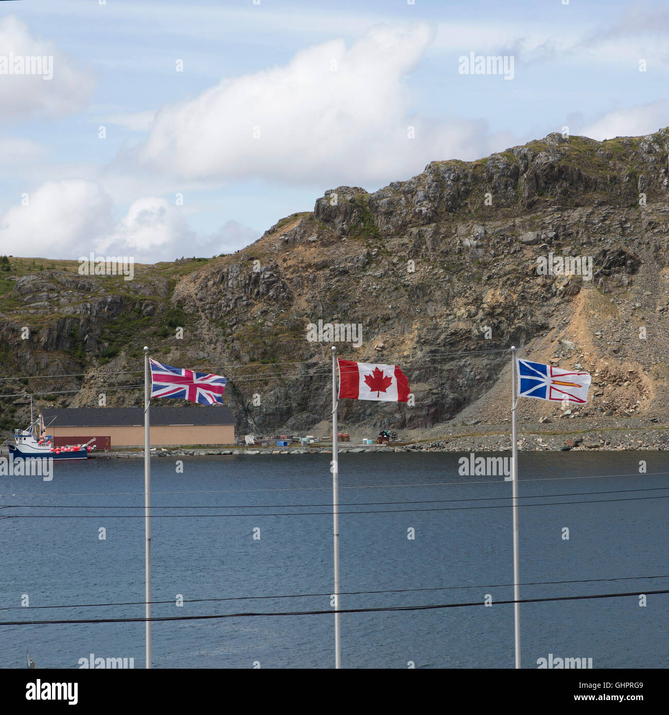Union Jack, Newfoundland and Labrador and Canada flags at Cupids in