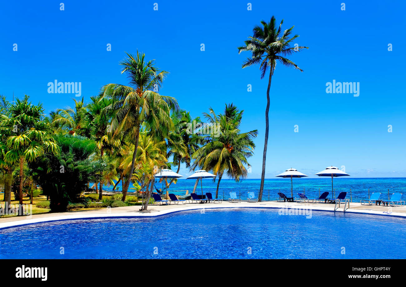 Swimming pool at the hotel Coco de Mer in Praslin island, Seychelles Stock Photo