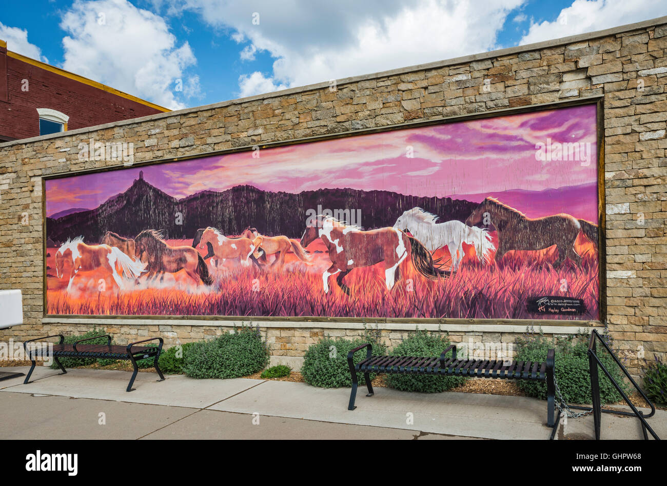 Herd of Horses, mural designed by Jeffry Haas and Hayley Goodman, in Pagosa Springs, Colorado, USA Stock Photo