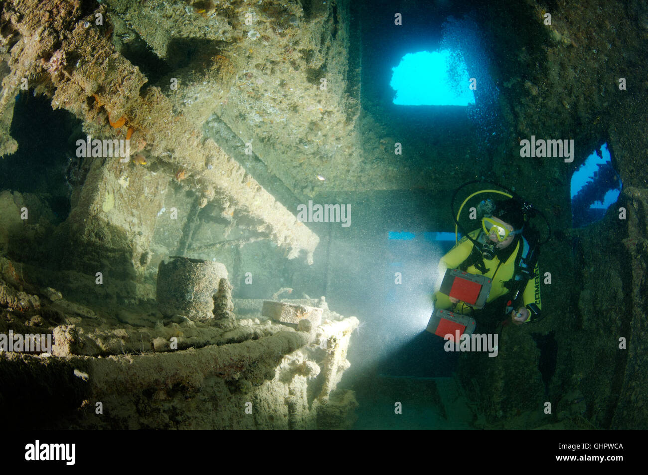 Shipwreck Rosalie Moller and scuba diver inside the ship wreck, Rosalie ...