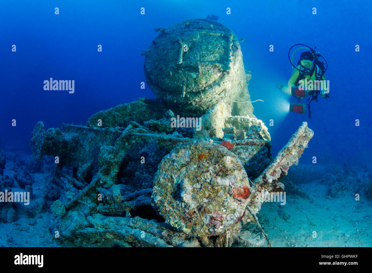 Shipwreck SS Thistlegorm, scuba diver on Ship wreck near Locomotive ...